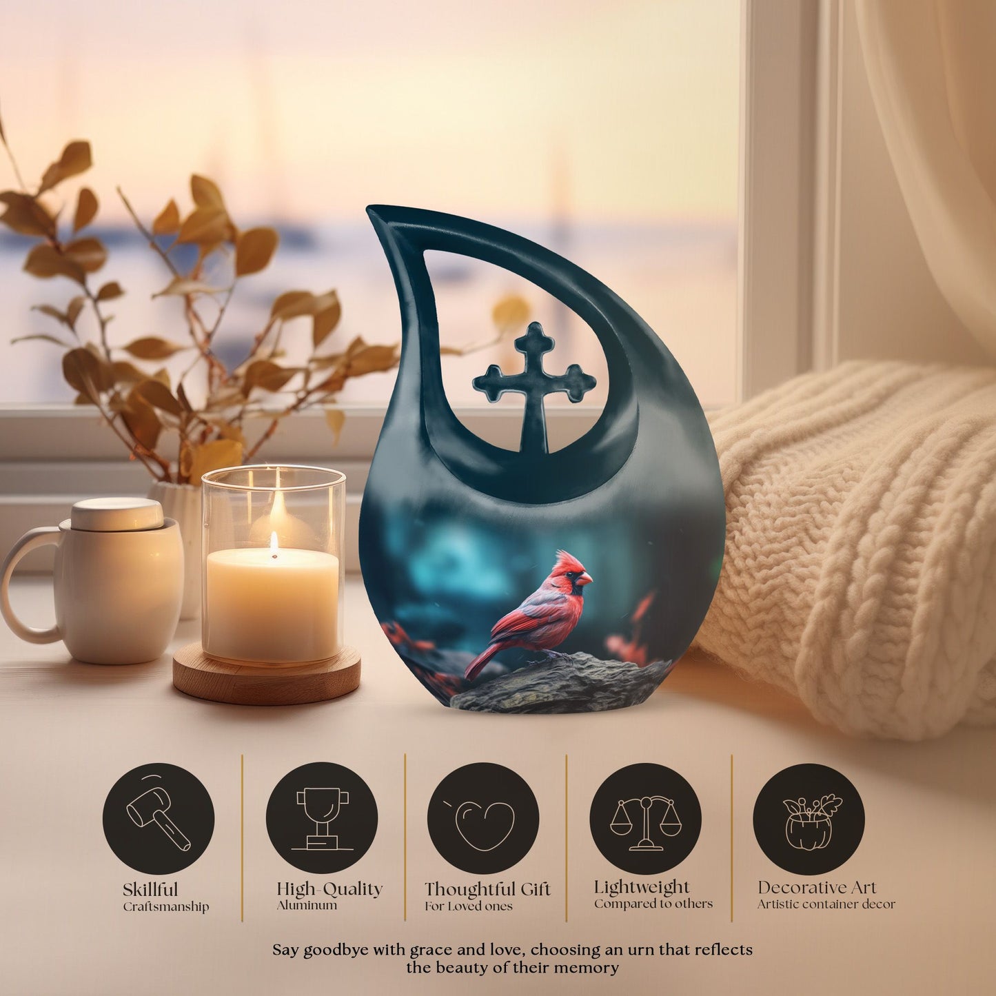 Cardinal Bird themed Cross Drop design memorial urn