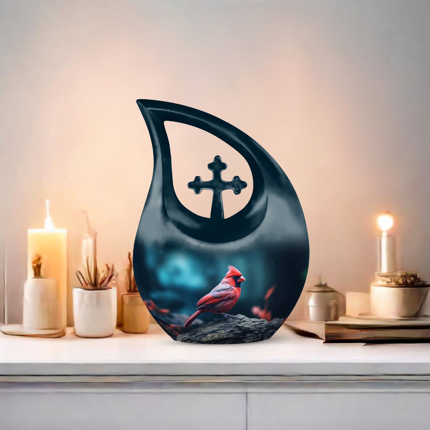 Cardinal Bird themed Cross Drop design memorial urn