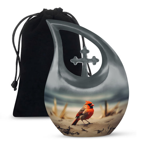 Cardinal Bird themed Cross Drop urn 