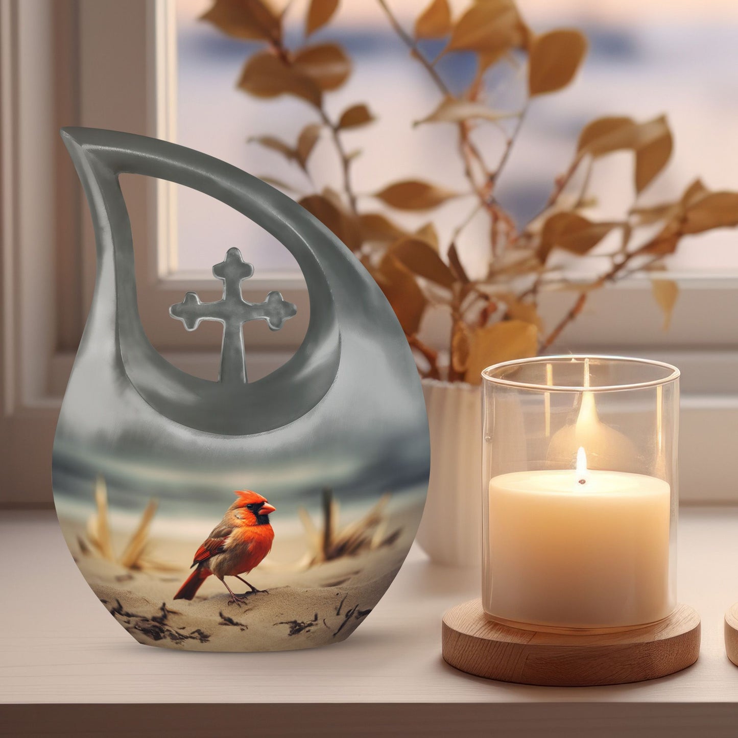 Cardinal Bird themed Cross Drop urn 