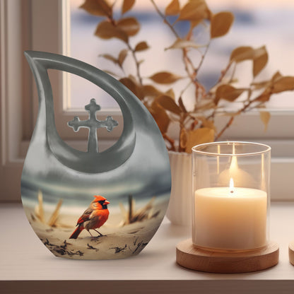 Cardinal Bird themed Cross Drop urn 