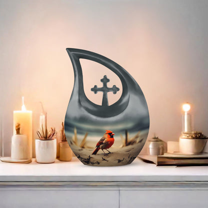Cardinal Bird themed Cross Drop urn 