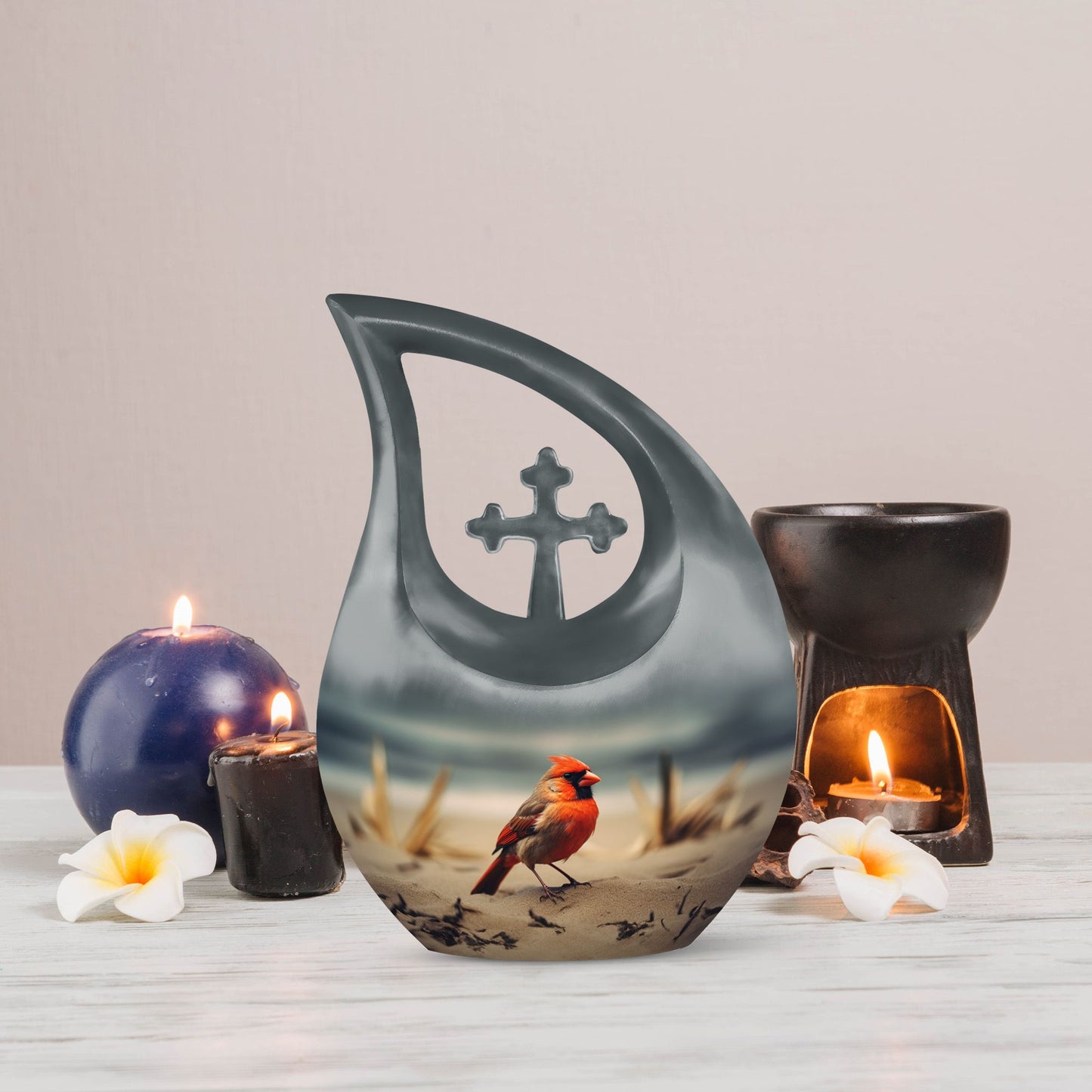 Cardinal Bird themed Cross Drop urn 