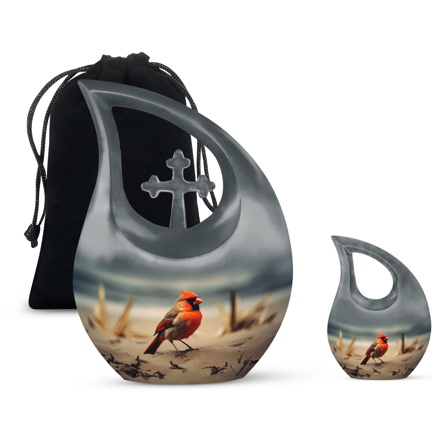 Cardinal Bird themed Cross Drop urn 