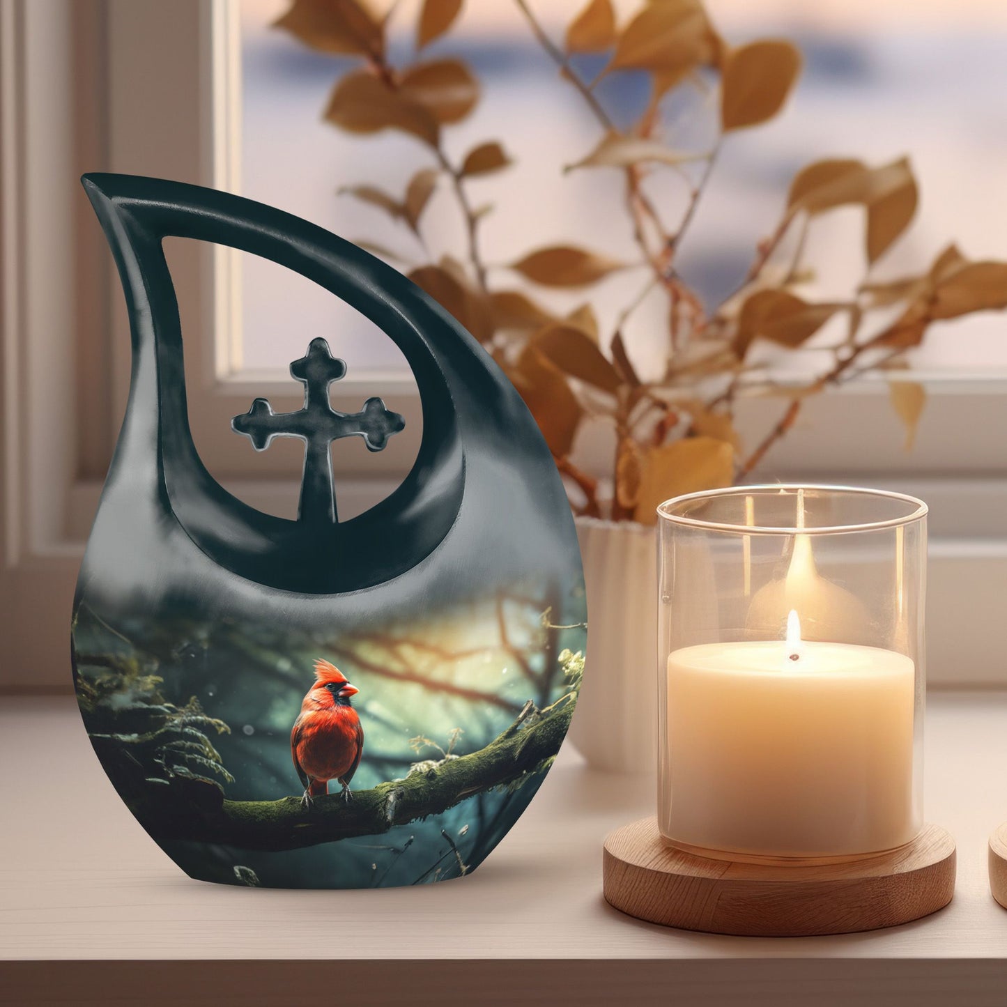 Cross Drop design Cardinal Bird Urn 