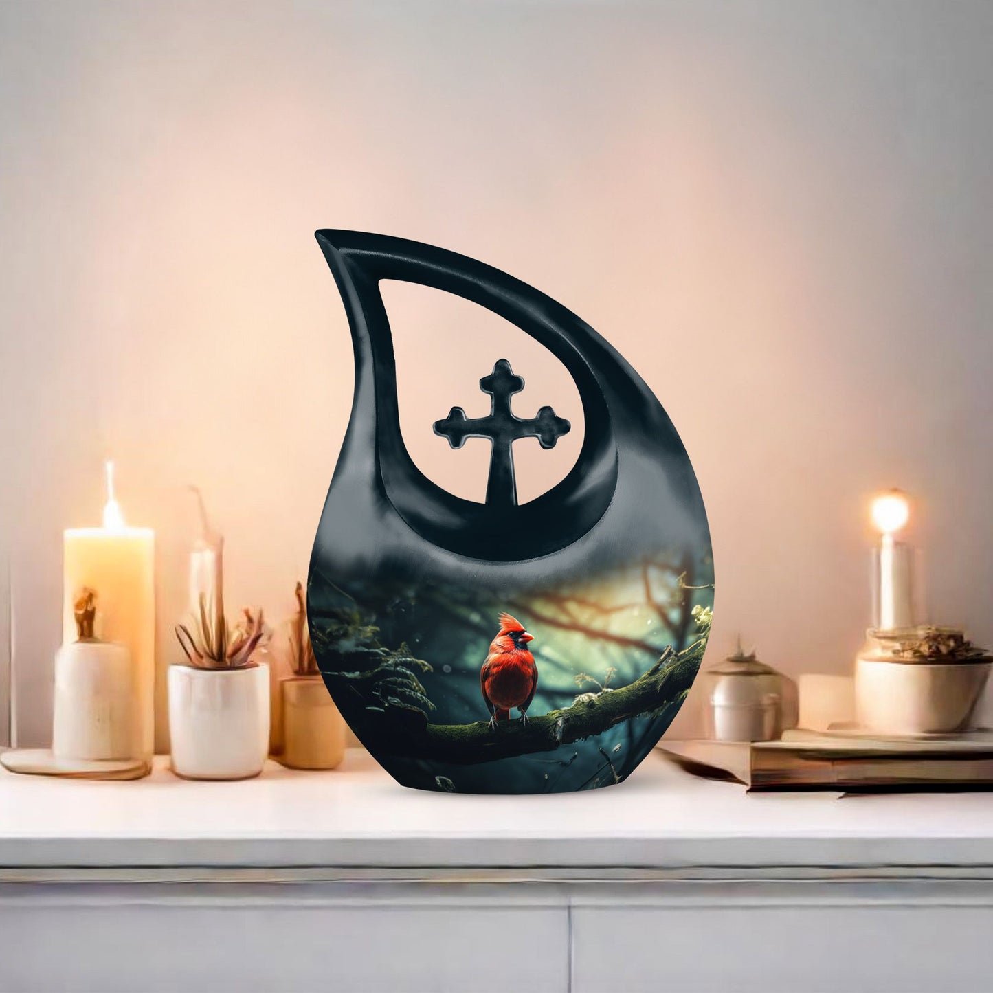 Cross Drop design Cardinal Bird Urn 