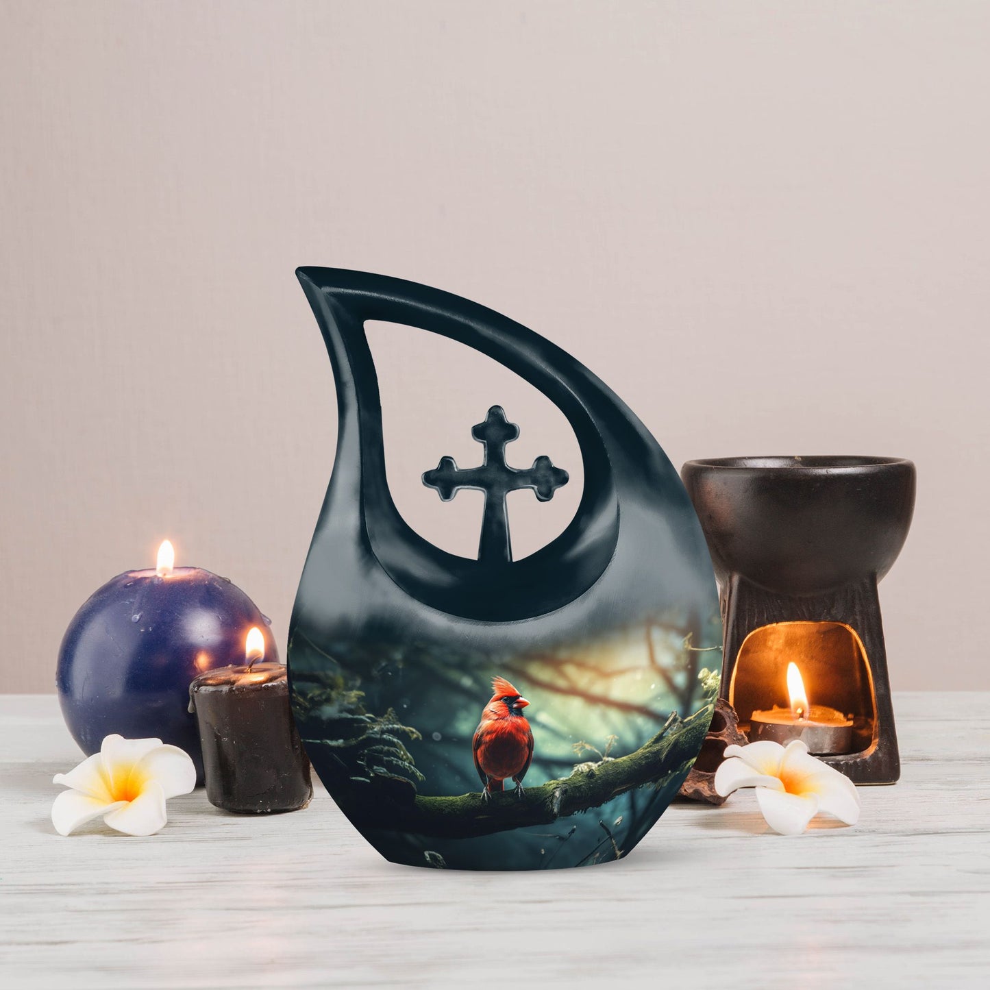 Cross Drop design Cardinal Bird Urn 