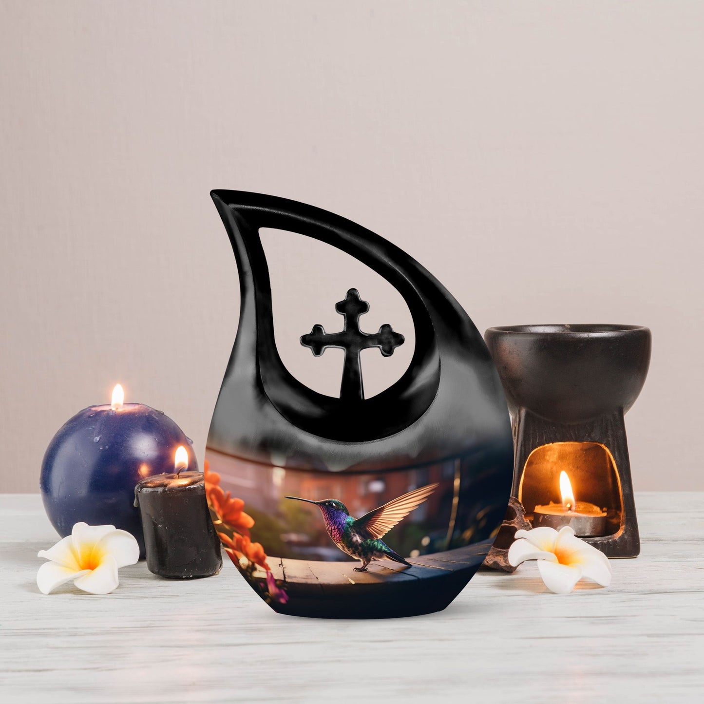 10 Inch Blue Hummingbird Cross Drop Large Urn 