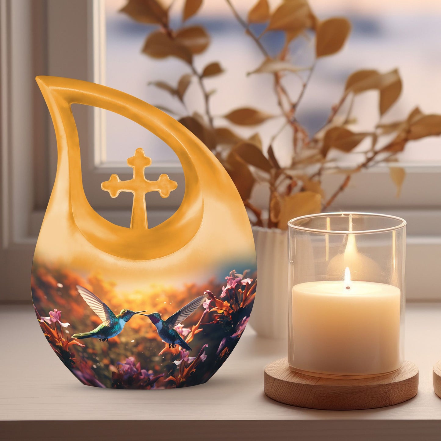 10-inch Humming Bird themed Cross Drop memorial urn