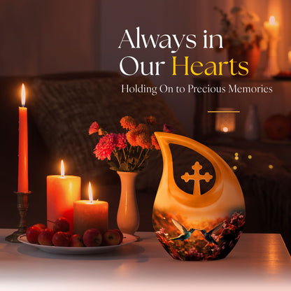 10-inch Humming Bird themed Cross Drop memorial urn