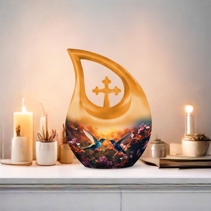 10-inch Humming Bird themed Cross Drop memorial urn