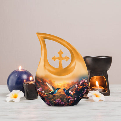 10-inch Humming Bird themed Cross Drop memorial urn