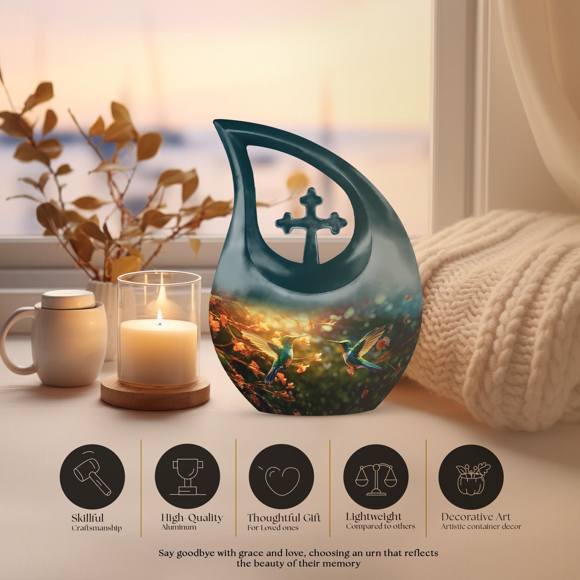 Large 10-inch Humming Bird-themed Memorial Urn 