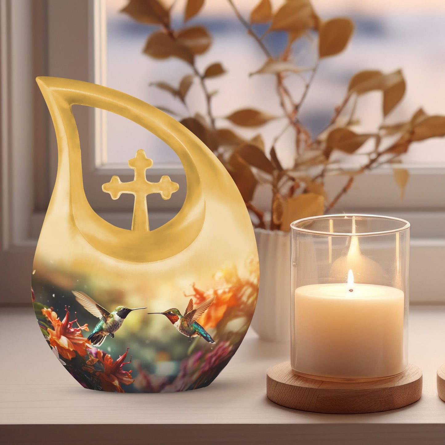 10-inch Cremation Hummingbird Cross Drop urn