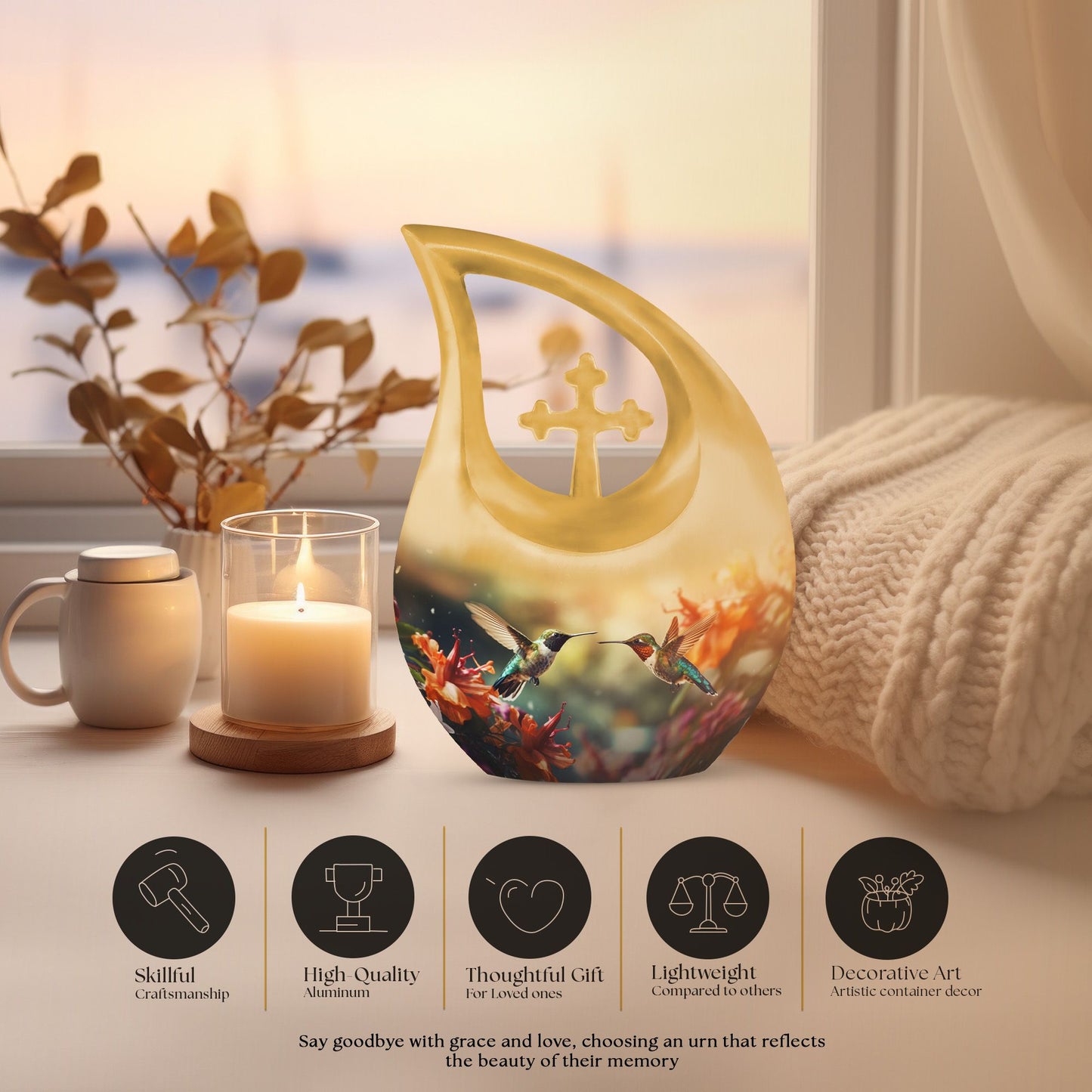 10-inch Cremation Hummingbird Cross Drop urn