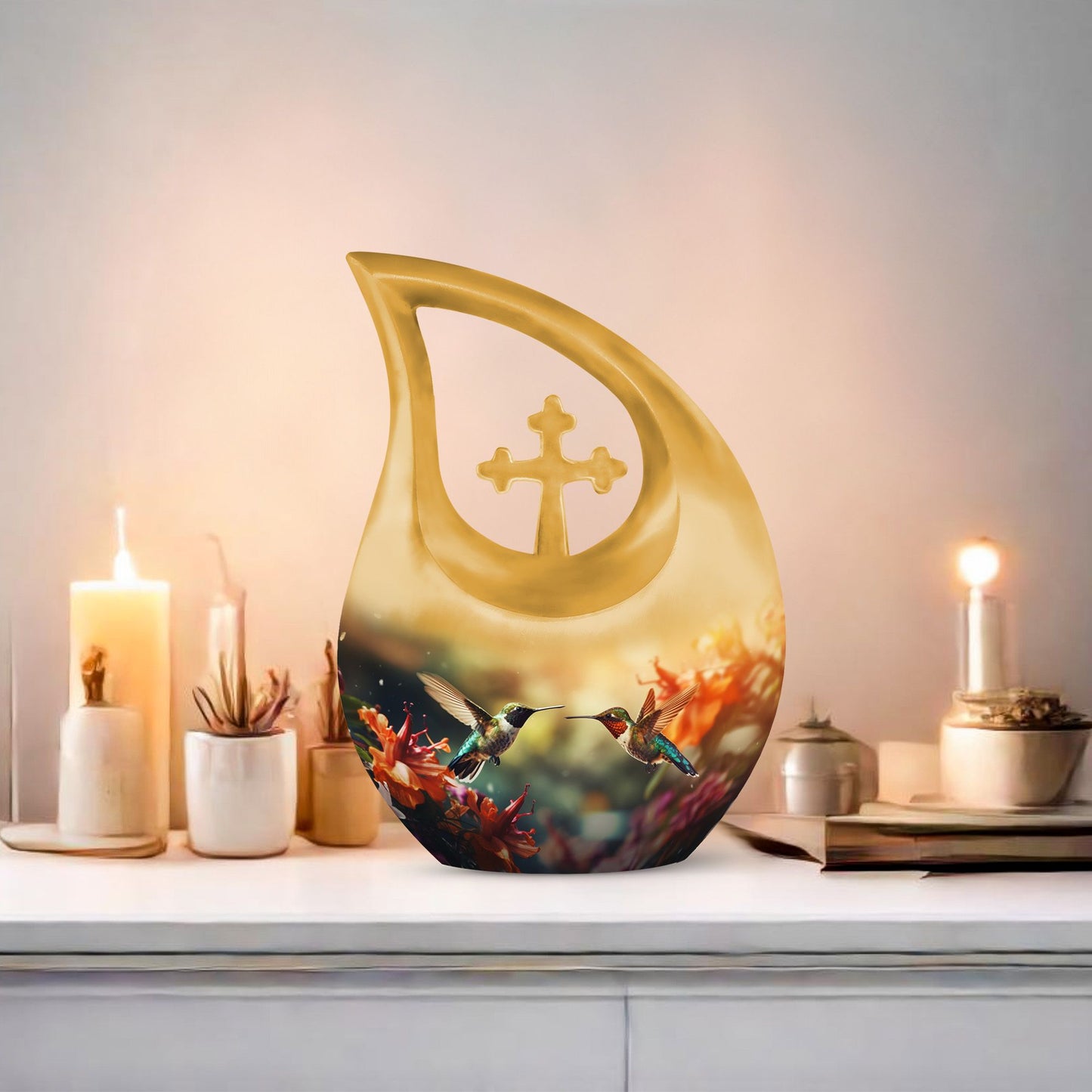 10-inch Cremation Hummingbird Cross Drop urn