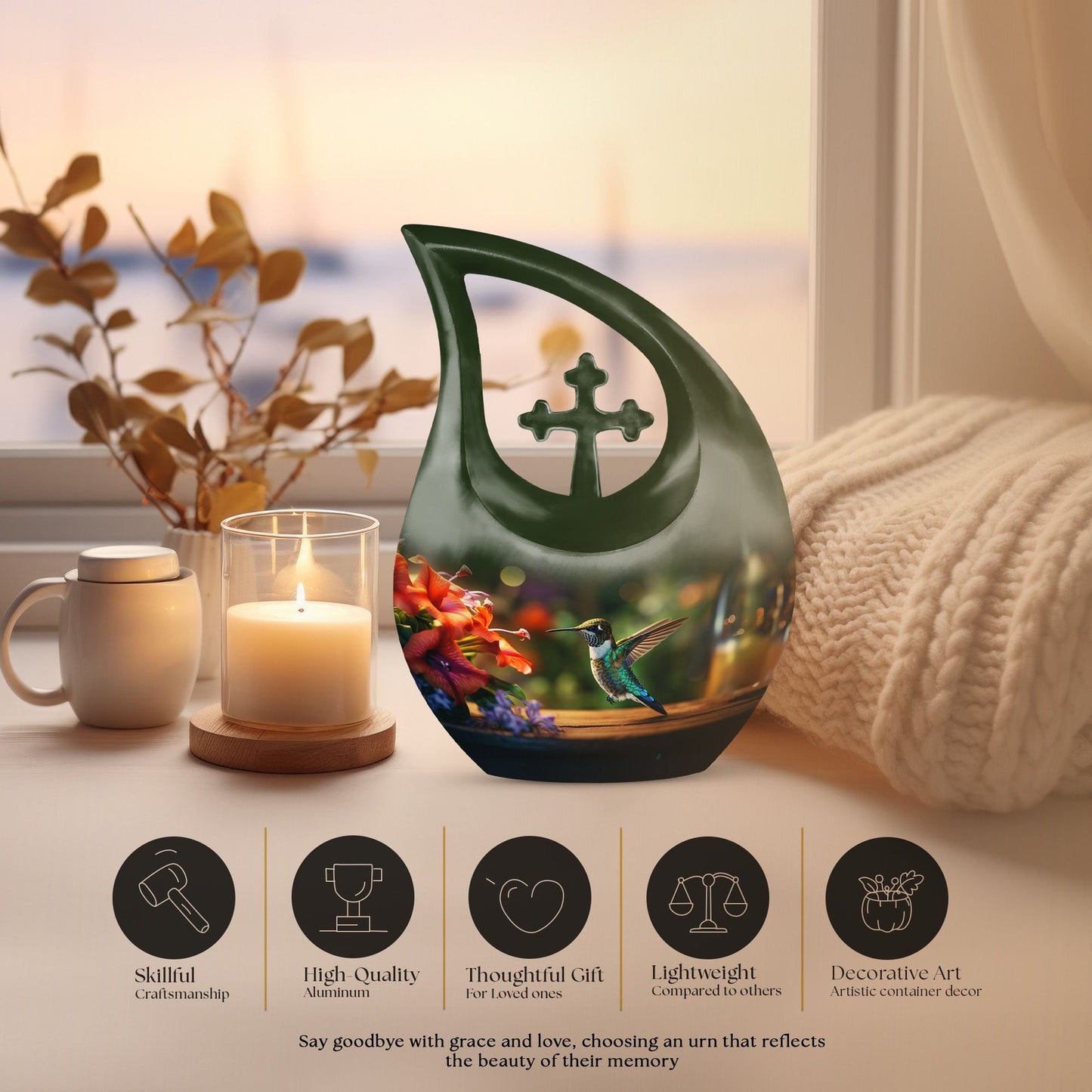 10-inch Wooden Humming Bird Urn, 