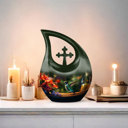 10-inch Wooden Humming Bird Urn, 