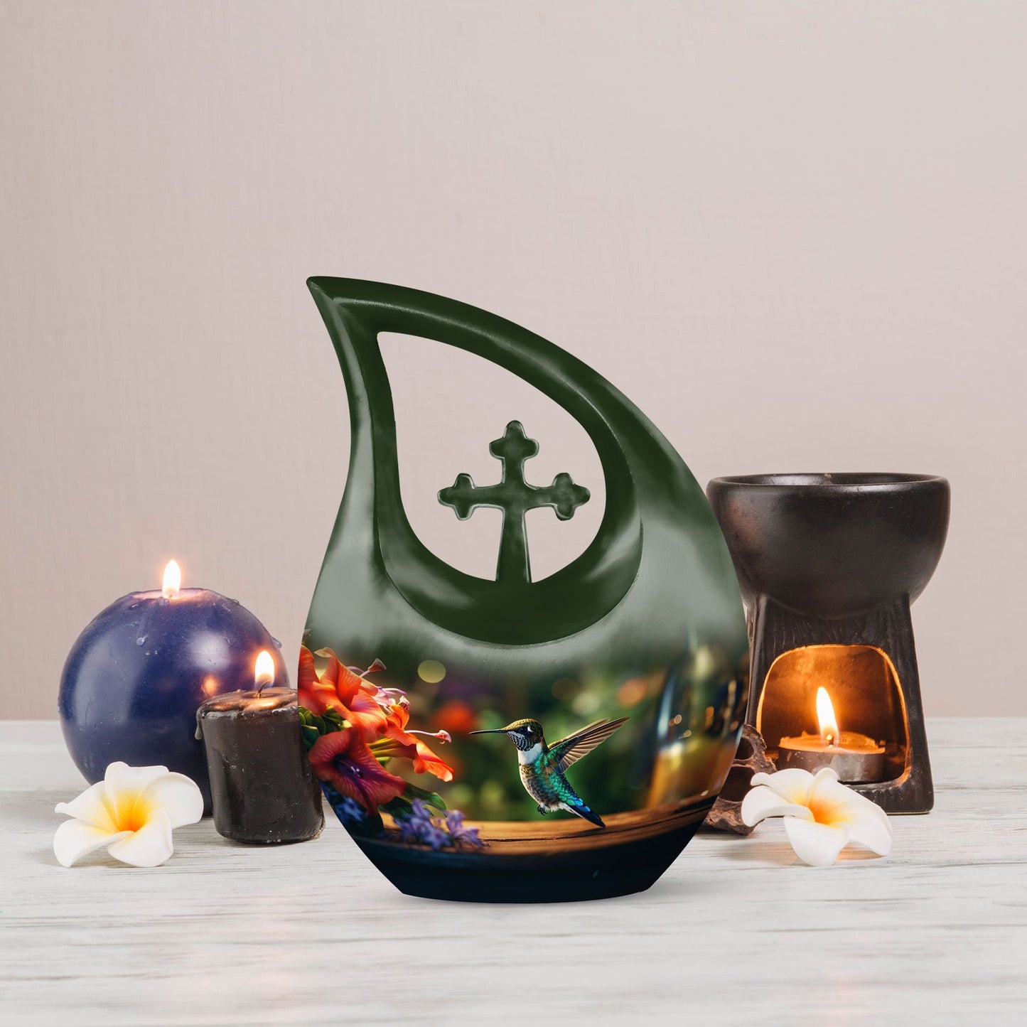 10-inch Wooden Humming Bird Urn, 