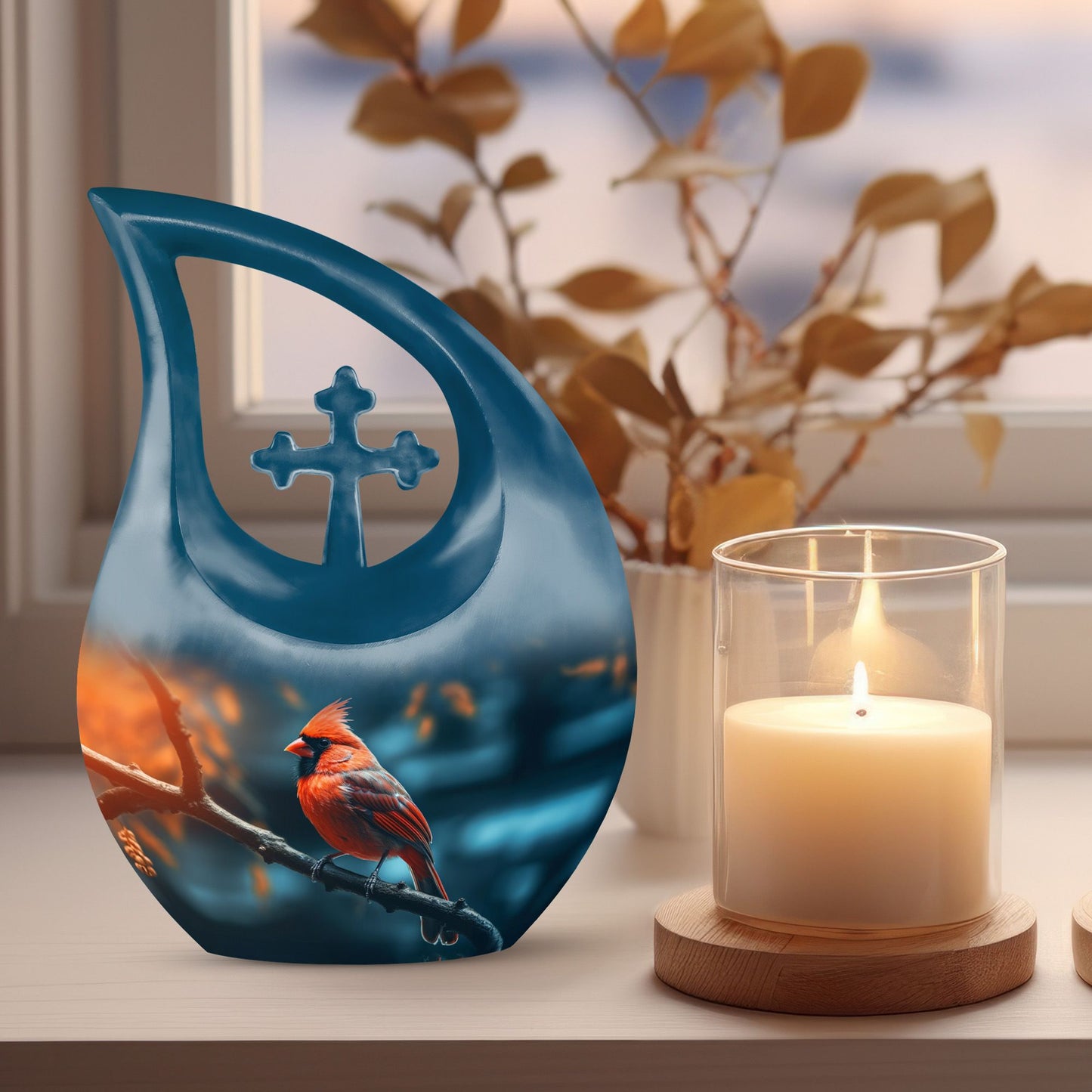 Cardinal Bird themed Cross Drop urn 