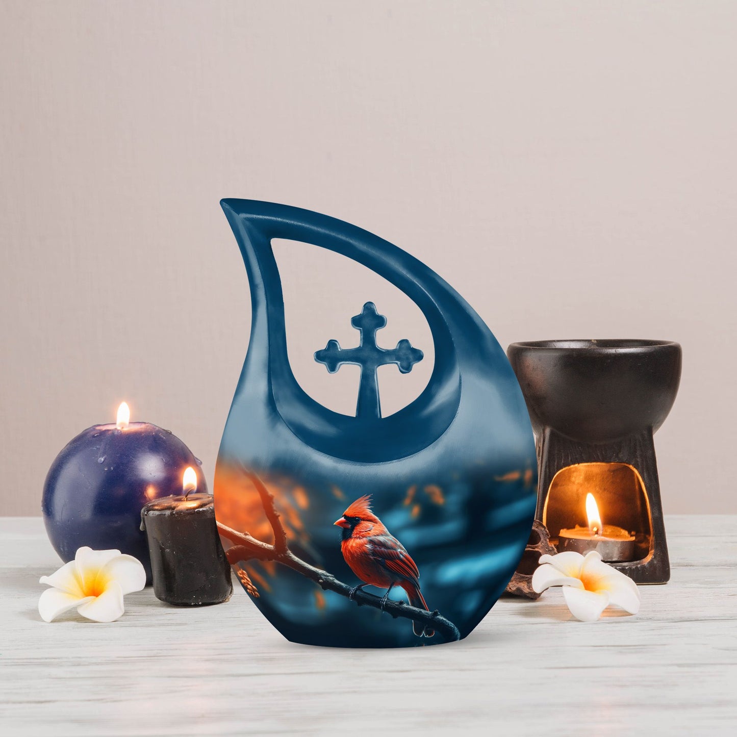 Cardinal Bird themed Cross Drop urn 