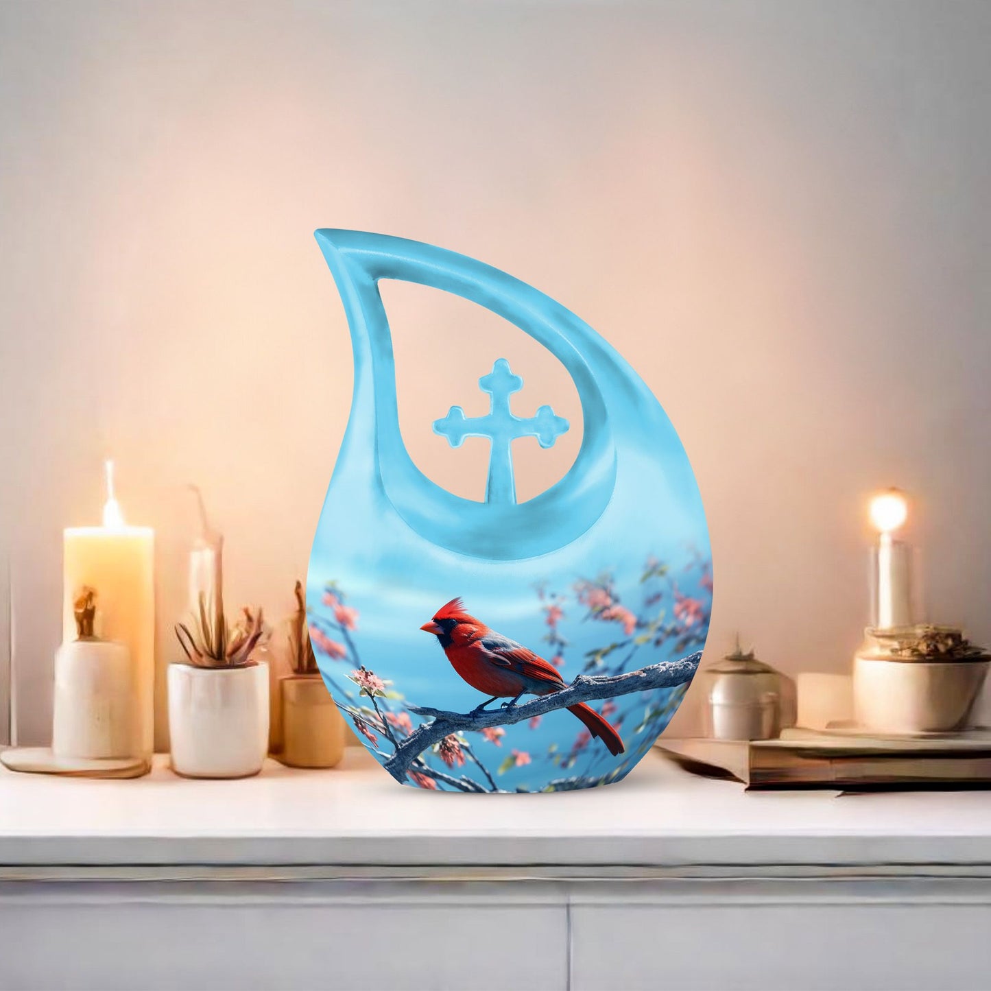 10 inch cross drop Cardinal Bird urn 