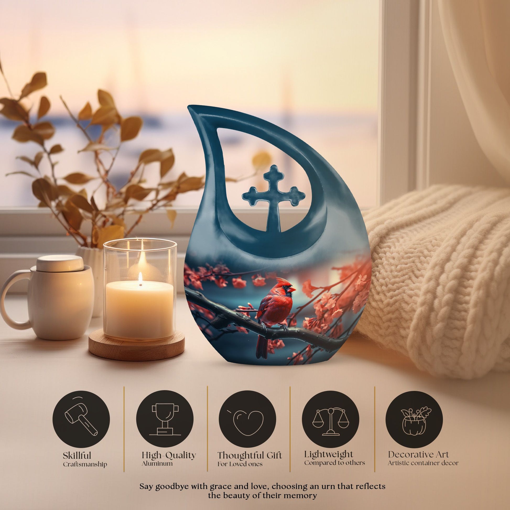 10 Inch Cardinal Bird Themed Cross Drop Urn,