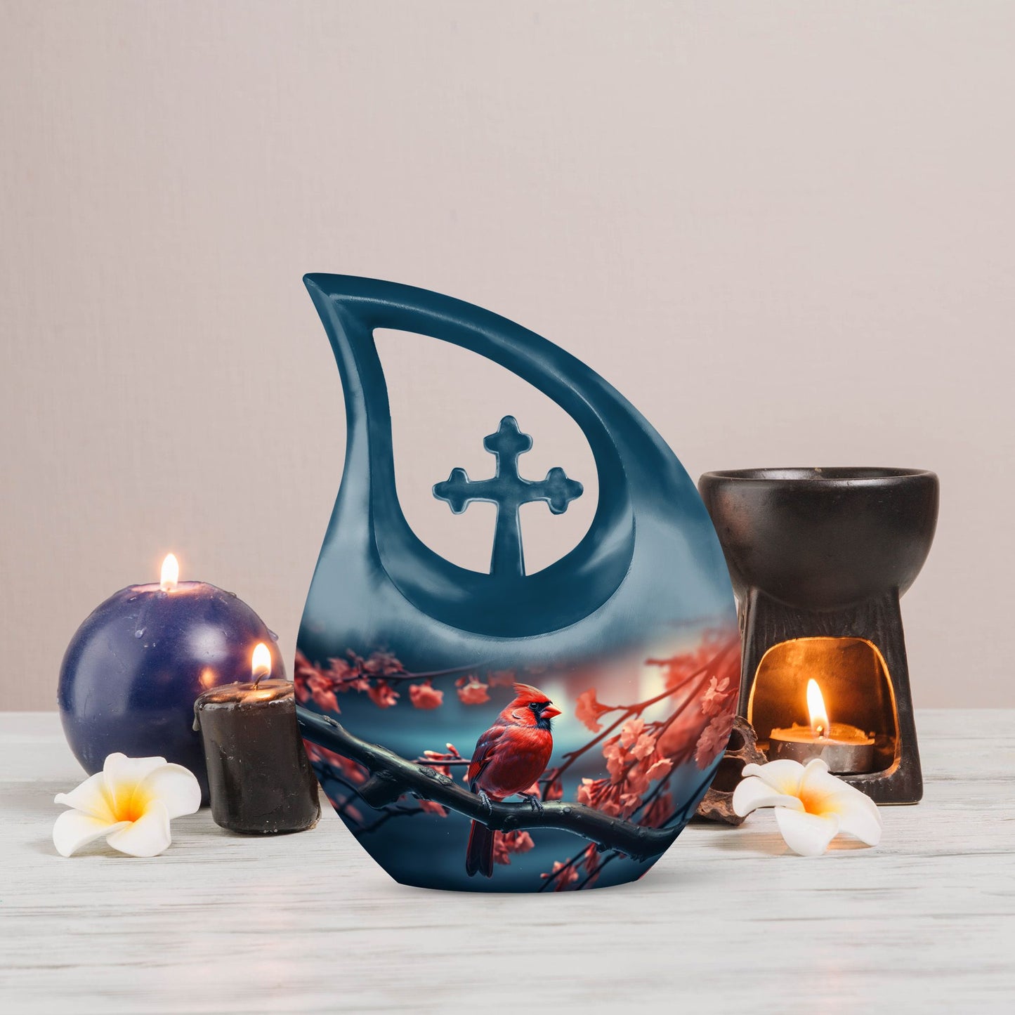 10 Inch Cardinal Bird Themed Cross Drop Urn,
