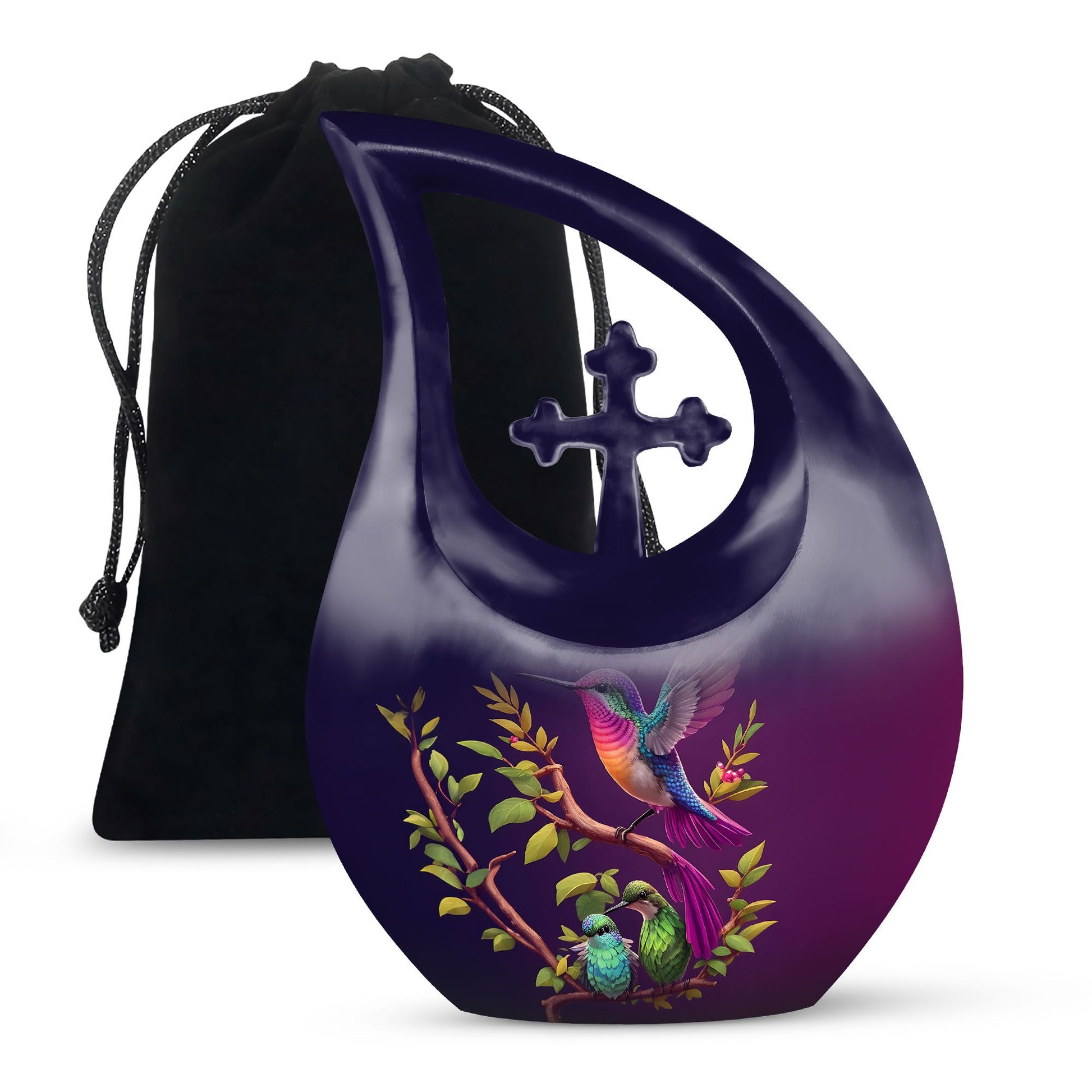 10 inch purple hummingbird and cross drop design urn