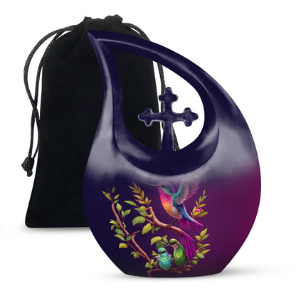 10 inch purple hummingbird and cross drop design urn