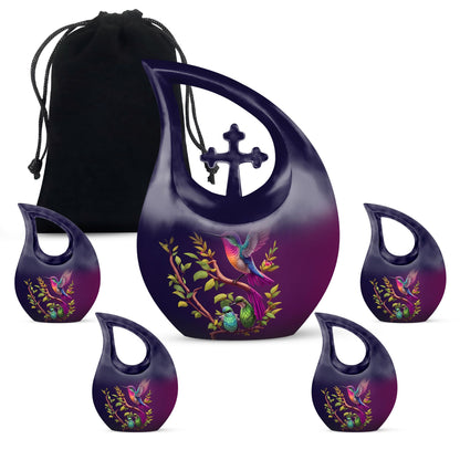 10 inch purple hummingbird and cross drop design urn