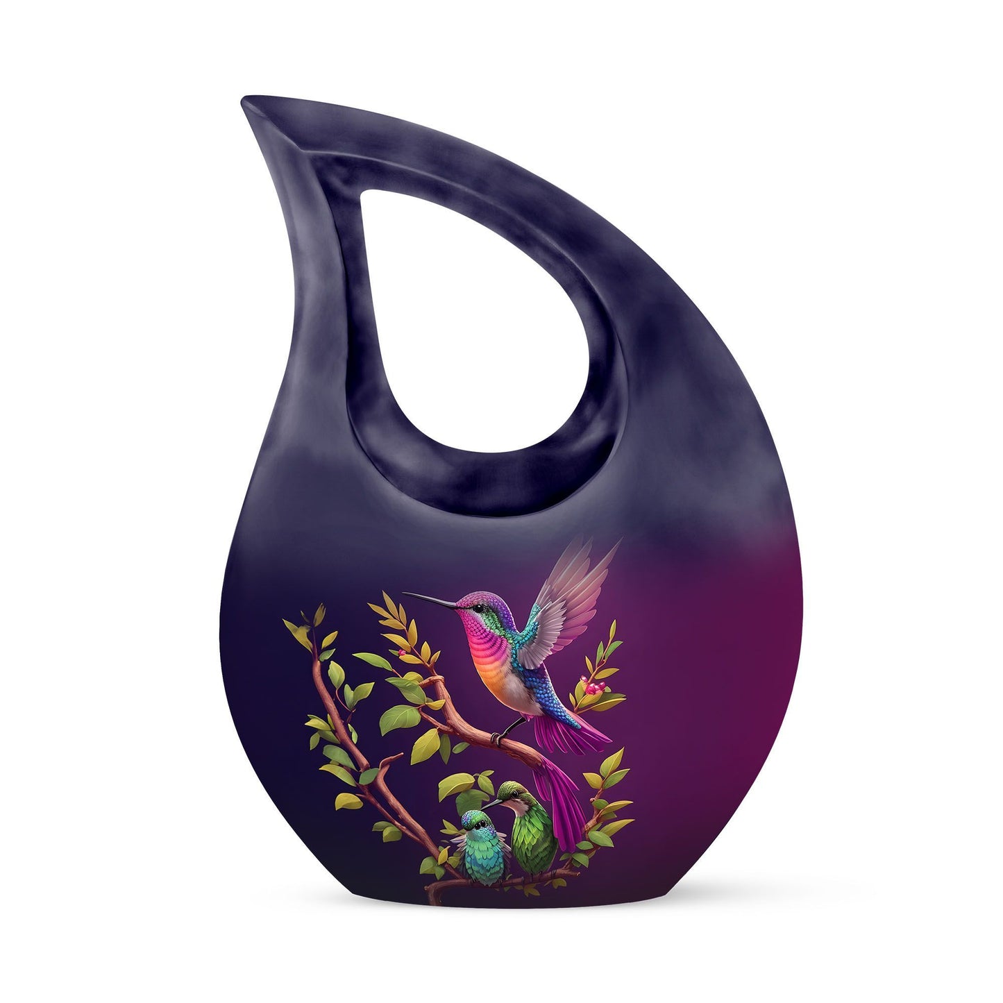 10 inch purple hummingbird and cross drop design urn
