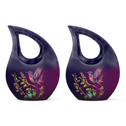10 inch purple hummingbird and cross drop design urn