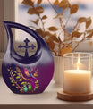 10 inch purple hummingbird and cross drop design urn