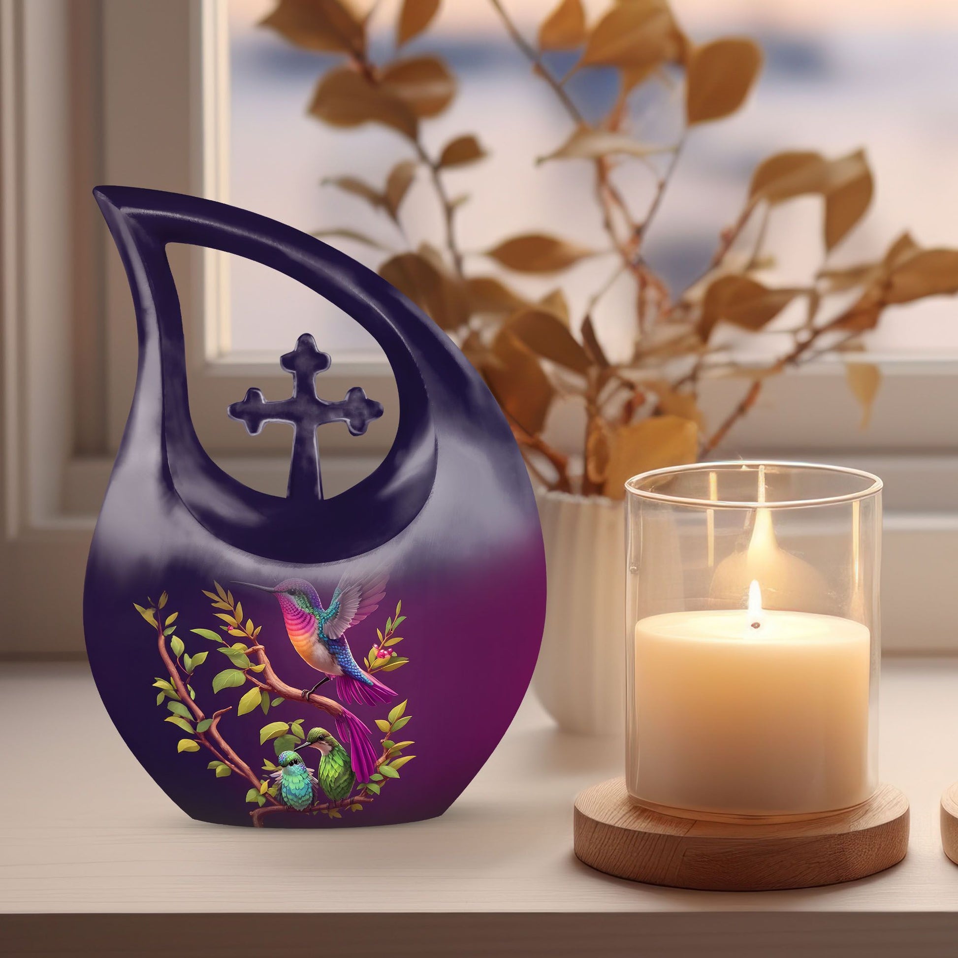 10 inch purple hummingbird and cross drop design urn