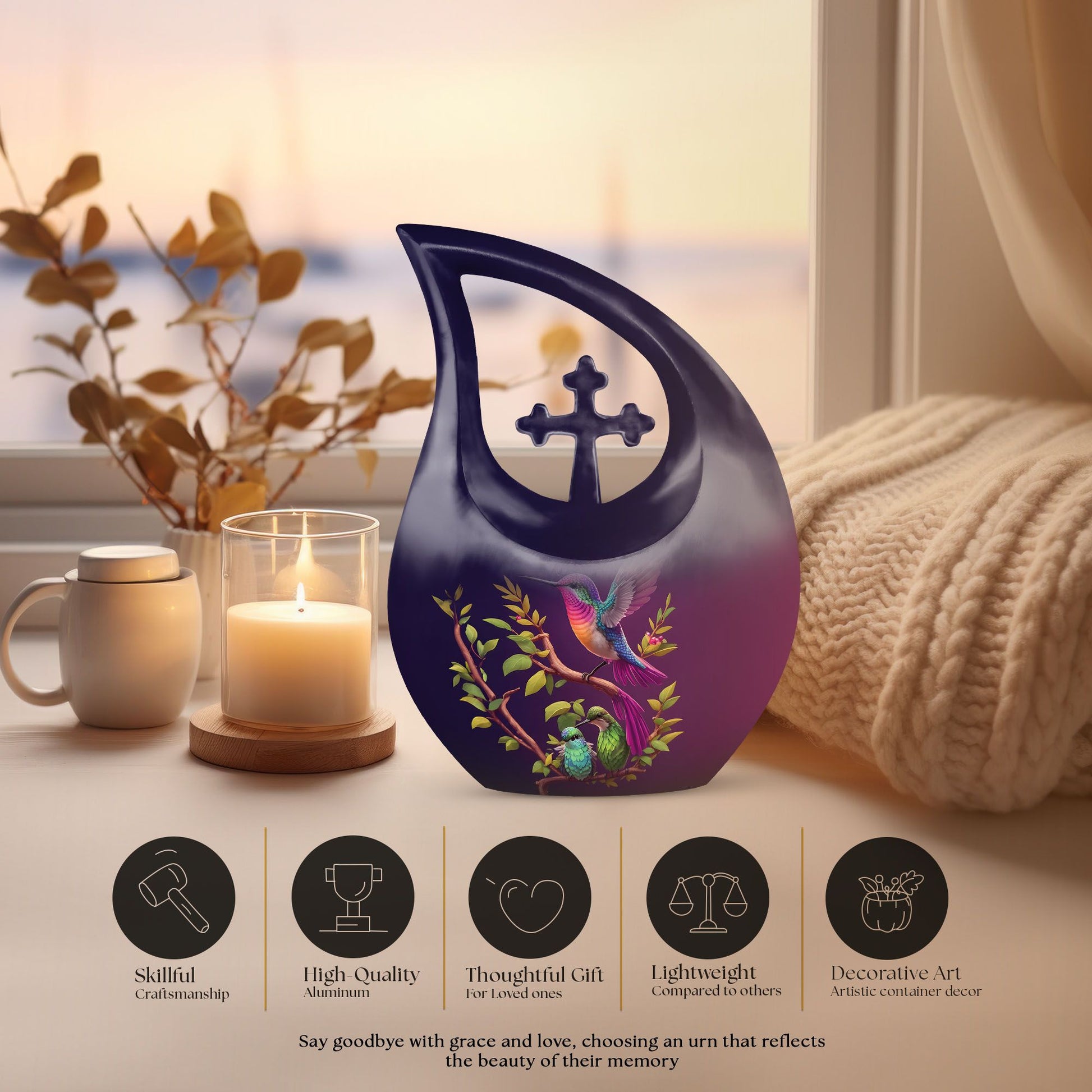 10 inch purple hummingbird and cross drop design urn