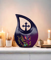 10 inch purple hummingbird and cross drop design urn