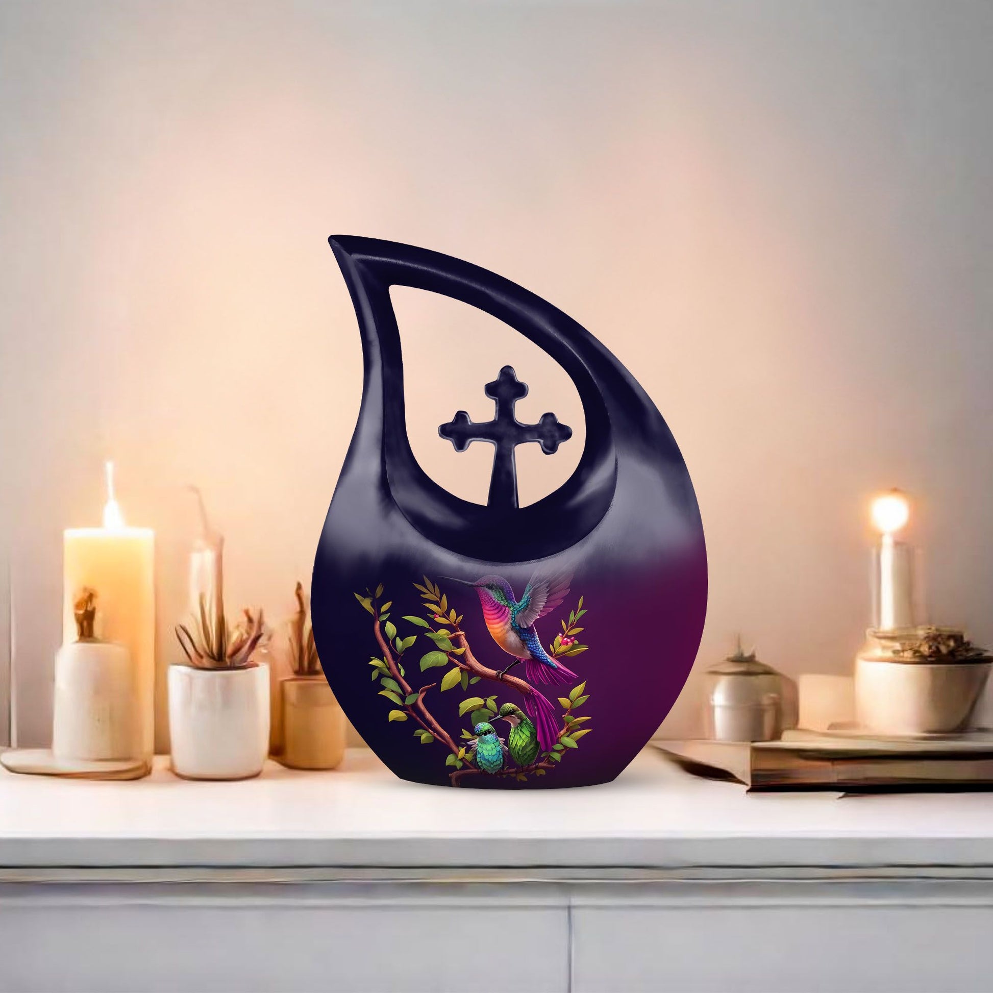 10 inch purple hummingbird and cross drop design urn