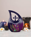 10 inch purple hummingbird and cross drop design urn