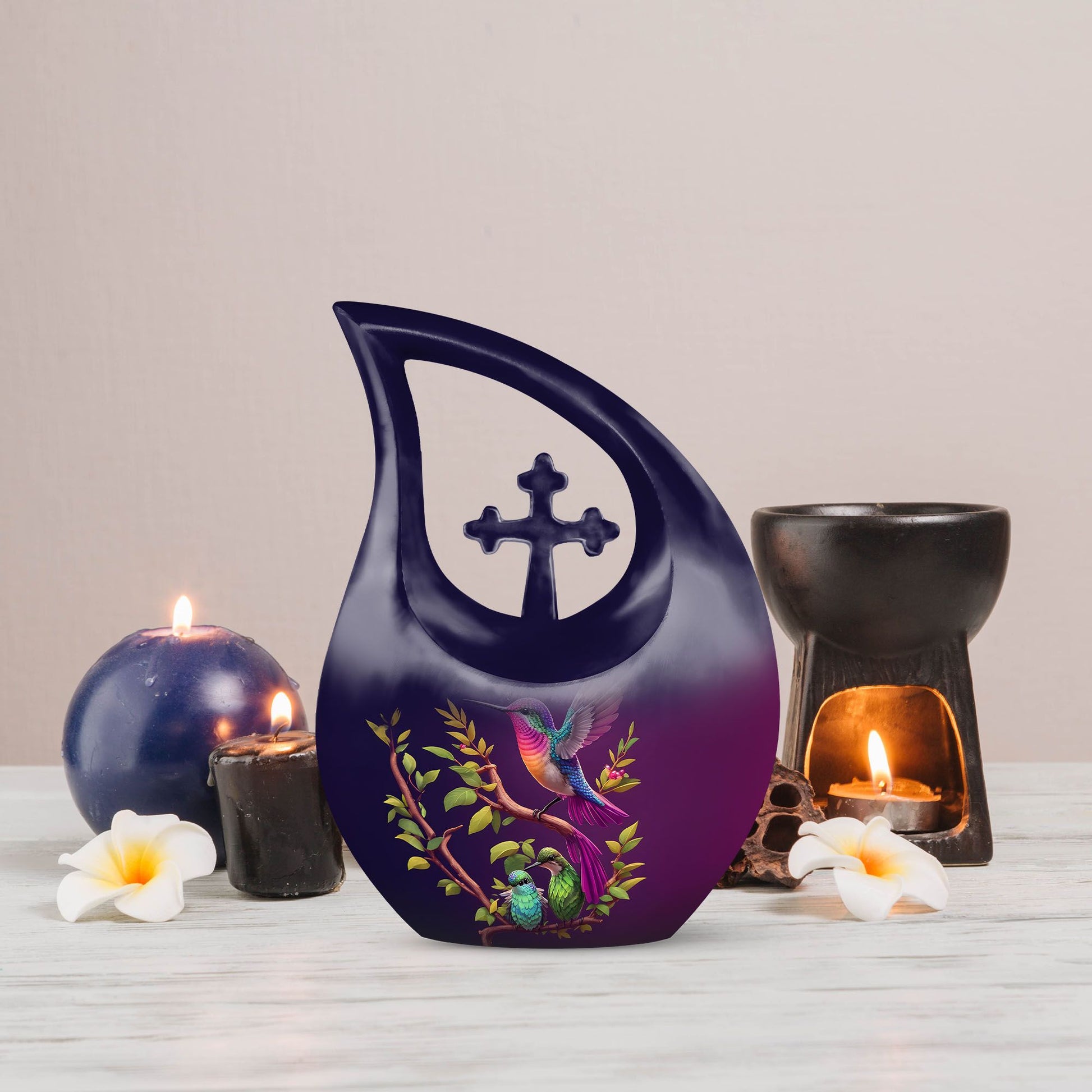 10 inch purple hummingbird and cross drop design urn