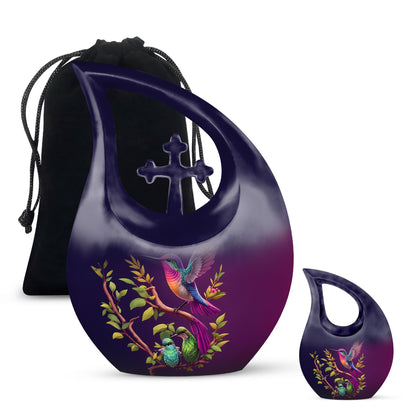 10 inch purple hummingbird and cross drop design urn