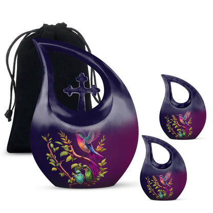 10 inch purple hummingbird and cross drop design urn
