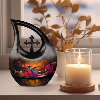 blue Hummingbird-themed urn for ashes