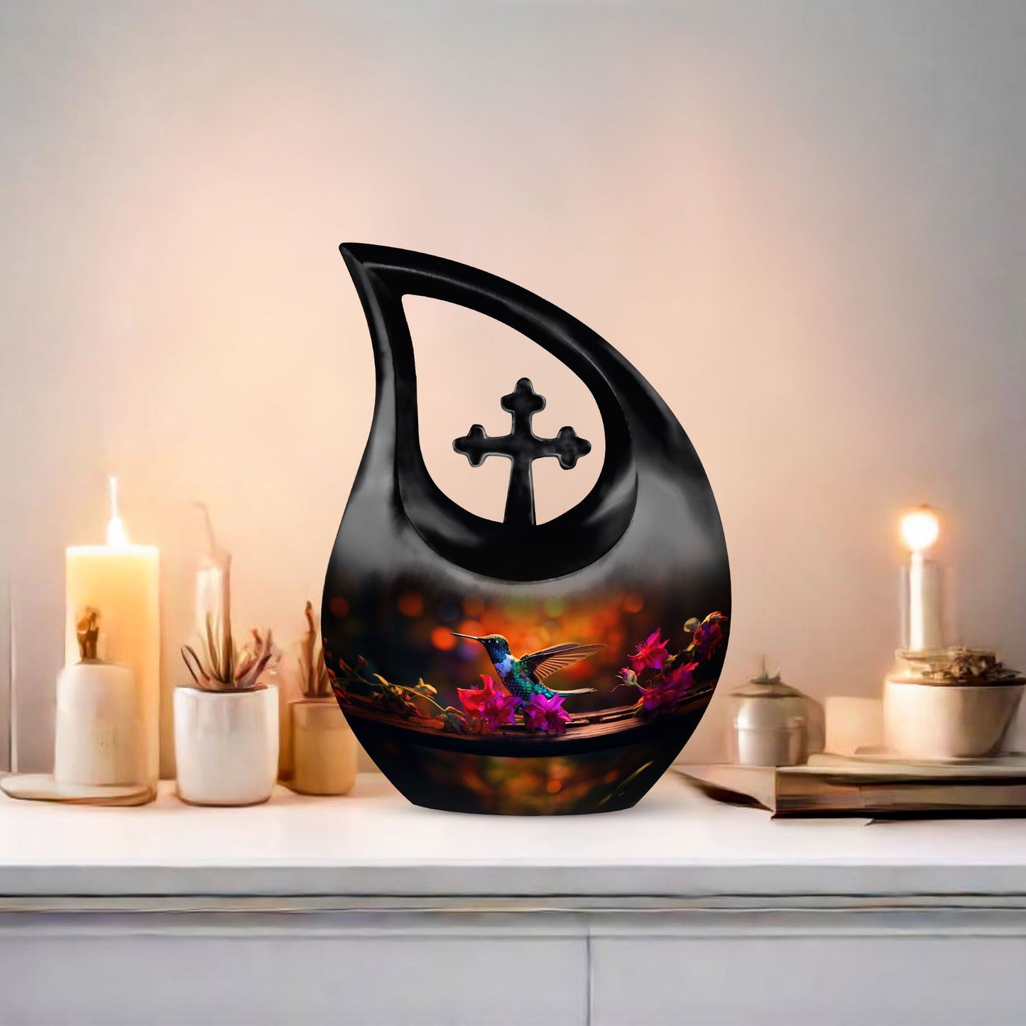 blue Hummingbird-themed urn for ashes