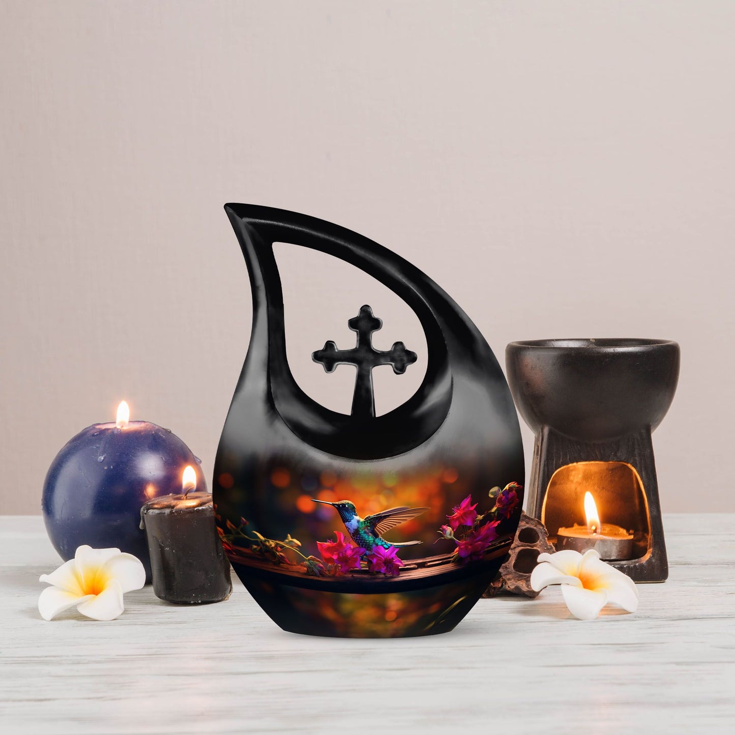 blue Hummingbird-themed urn for ashes