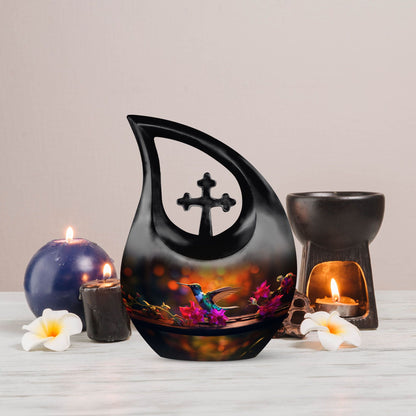 blue Hummingbird-themed urn for ashes