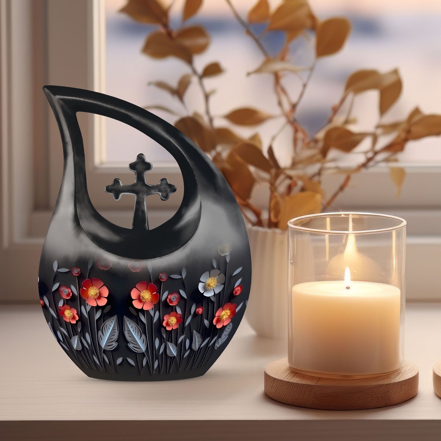 Soothing Red Flowers Memorial Urn