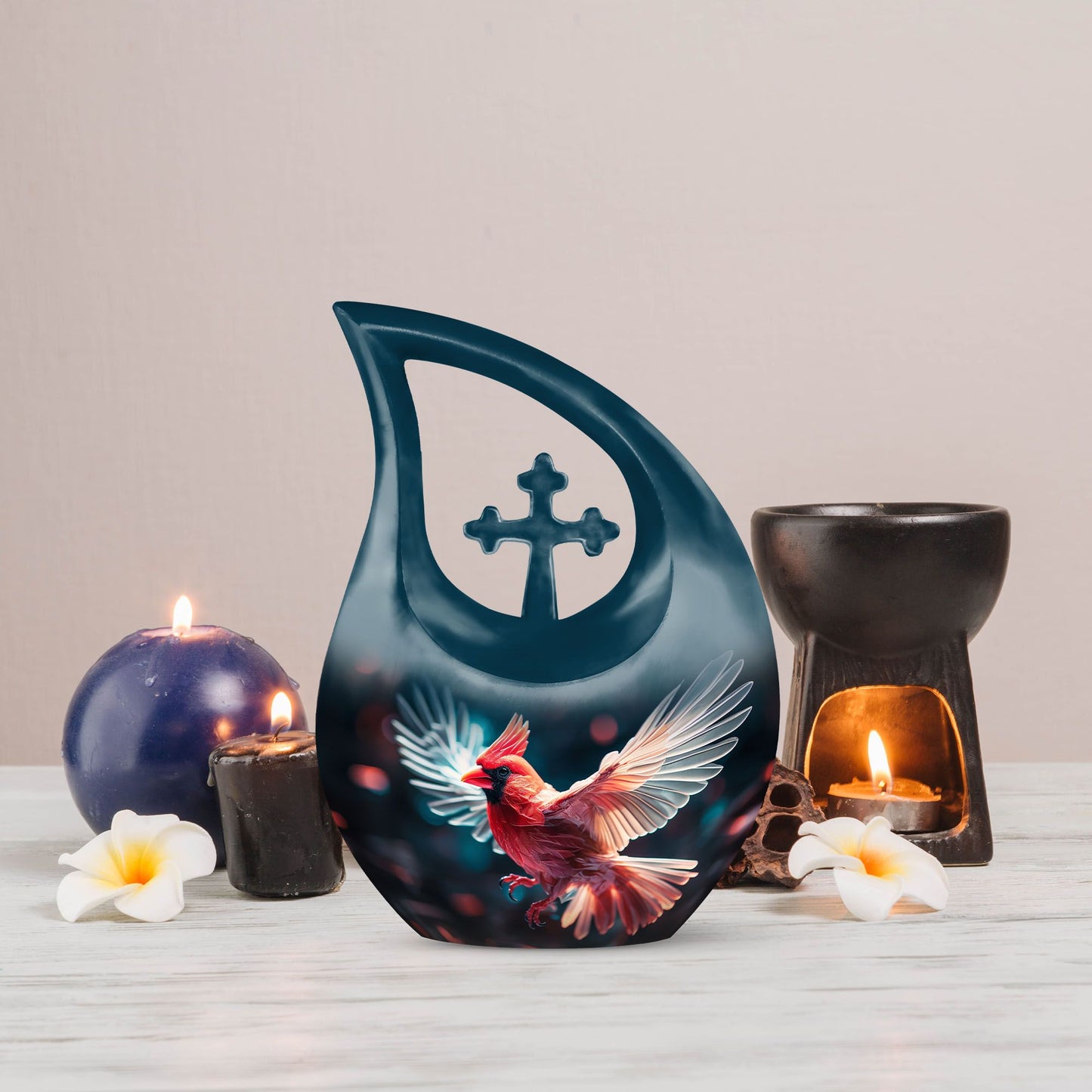 cardinal bird-themed memorial urn