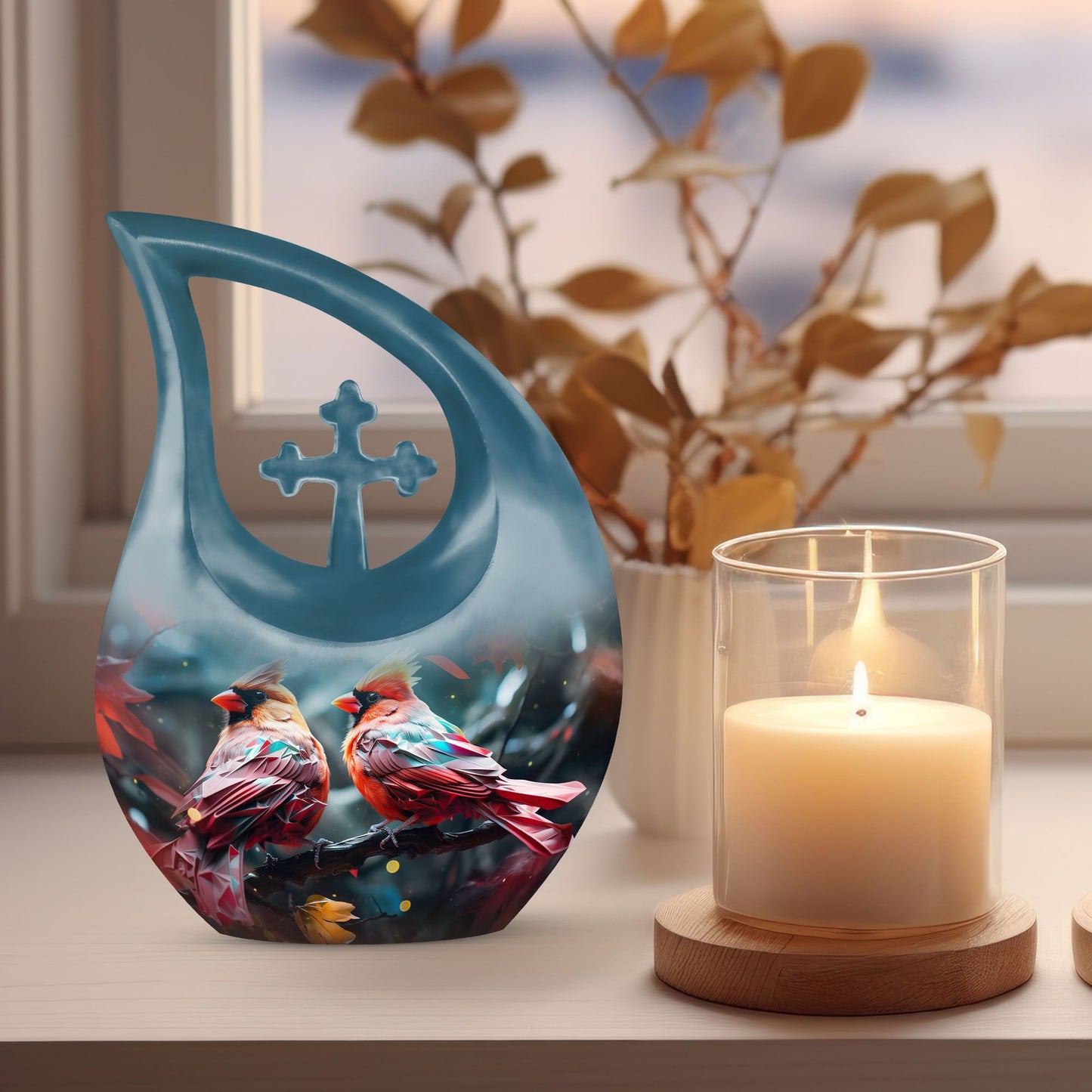 Cardinal Birds Red Leaf Cremation Urn