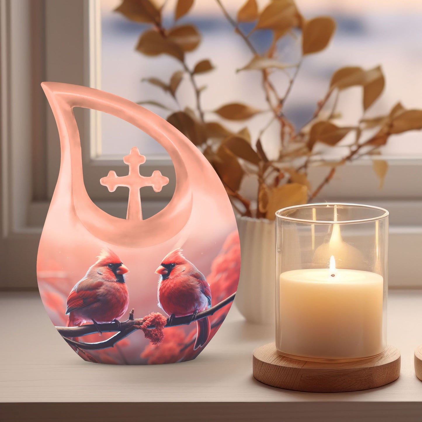 10-inch Cardinal Bird-themed Cross Drop Urn, 
